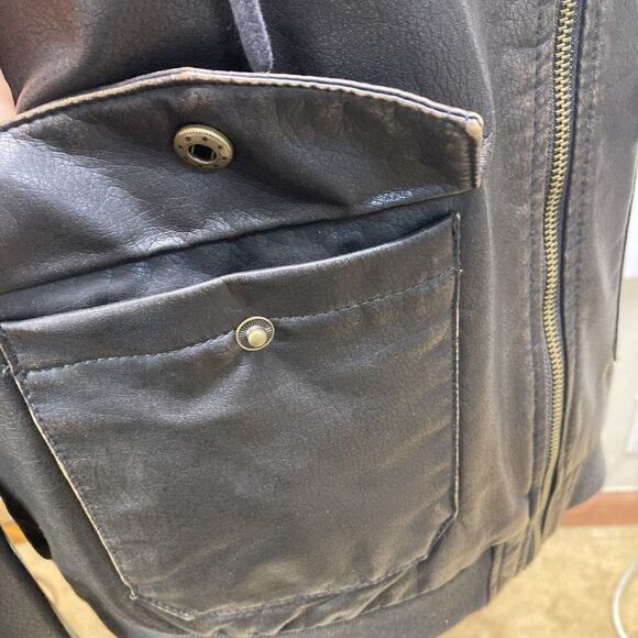 Levi Strauss Brown Faux Leather Jacket Hooded Womans Large Sherpa quilted zip - Picture 8 of 13